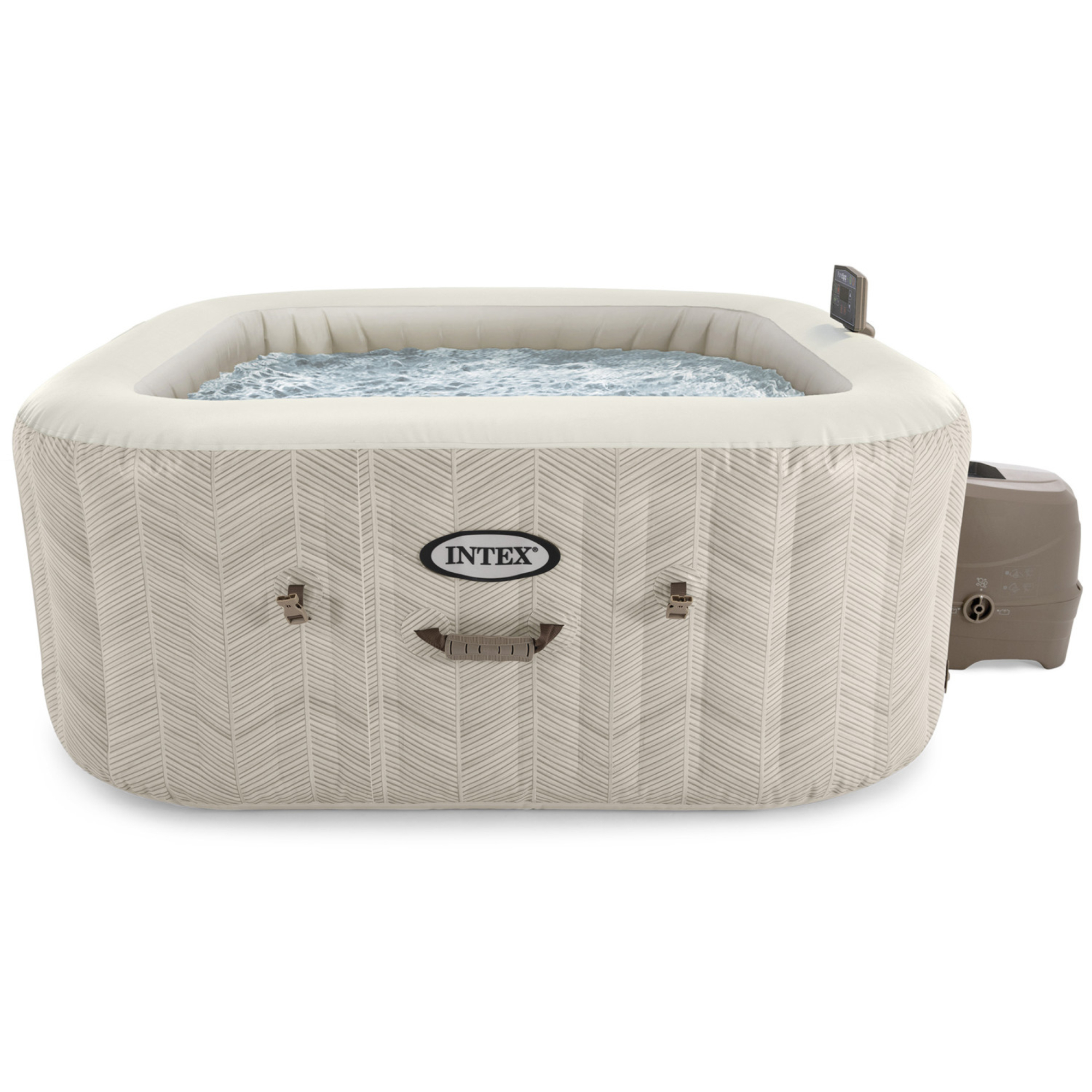 Intex PureSpa Chevron Deluxe 6 Person Cream Outdoor Inflatable Hot Tub Set, Saltwater System